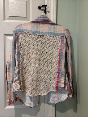 Vintage Plaid Button-Down Shirt with Cream Crochet Back